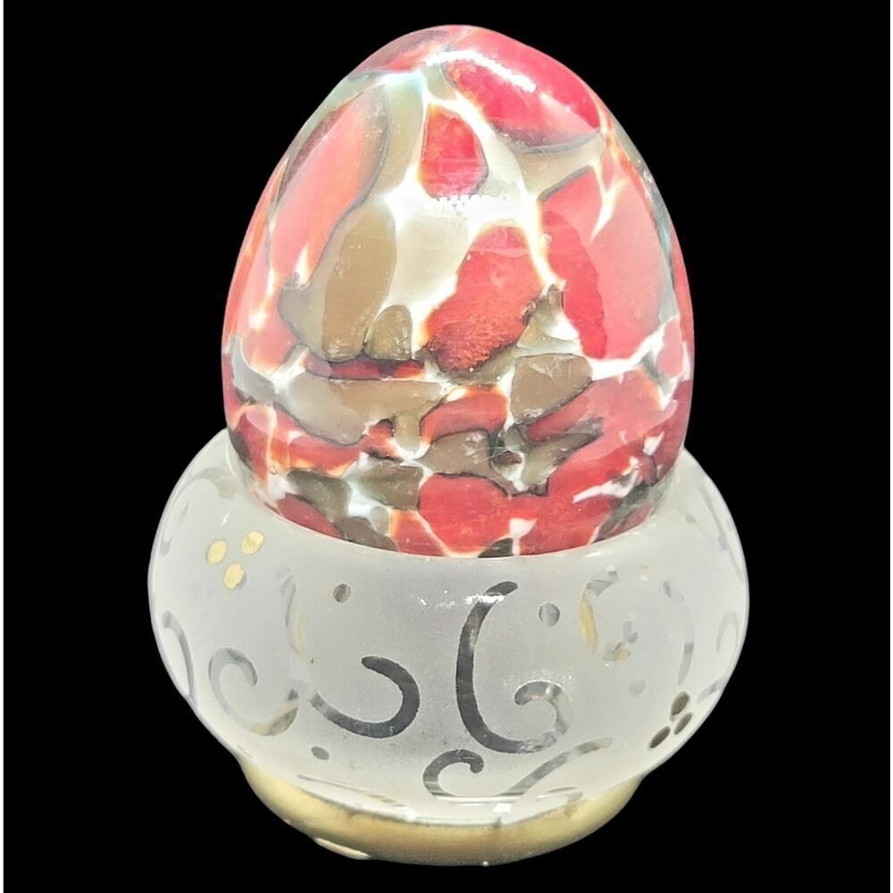 Vintage Art Glass Egg Paperweight With Stand Red Brown Gold Abstract Easter